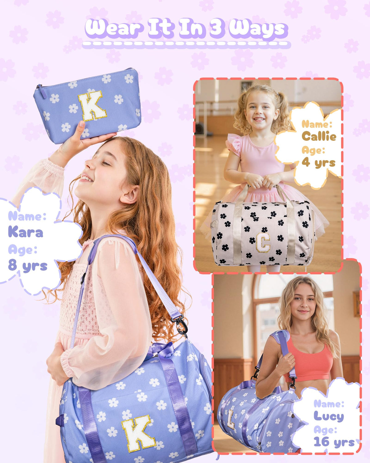 Vogewood Daughter Gift from Mom, Girls Gym Bag, Kids Personalized Dance Bags with Shoe Compartment, Customized Travel Duffle with Toiletry Bag, Perfect for Sleepovers or Trips (Letter C)