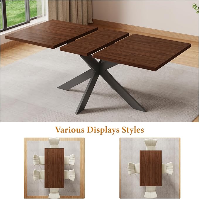 ZckyCine Expandable Dining Table Set for 6-8 People, Modern Rectangular Kitchen Table, 63"-79" Extendable, Walnut Finish, Metal Frame, 6 PU Leather Cushioned Chairs, Easy Assembly