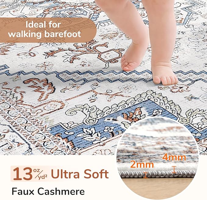 OPPODREAM Thin Entryway Rug 2x8, 2x8 Rug Runner, Neutral Washable Hallways Carpet 2 x 8 with Non Slip Backing, Low-Pile Bedside Carpet 2 x 8, Long, Faux Cashmere, Cream White & Blue & Light Brown