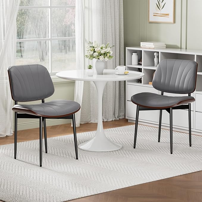 Dining Chairs Set of 4, Mid-Century Modern Upholstered PU Leather Chairs with Walnut Back and Metal Legs Adjustable Feet for Kitchen Dining Room, Dark Gray Shell Strips