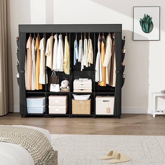 Portable Closet for Hanging Clothes, 67 Inch Wide Portable Wardrobe Closet with Cover, 4 Hanging Rod, Storage Shelves and Side Pockets, Large Free Standing Closet for Bedroom, Black
