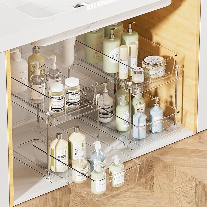 Vtopmart 2 Tier Bathroom Storage Organizer, 2 Pack Clear Under Sink Organizers Vanity Counter Container, Cabinet Drawers Bins, Pull-Out Organization with Track for Pantry, Kitchen