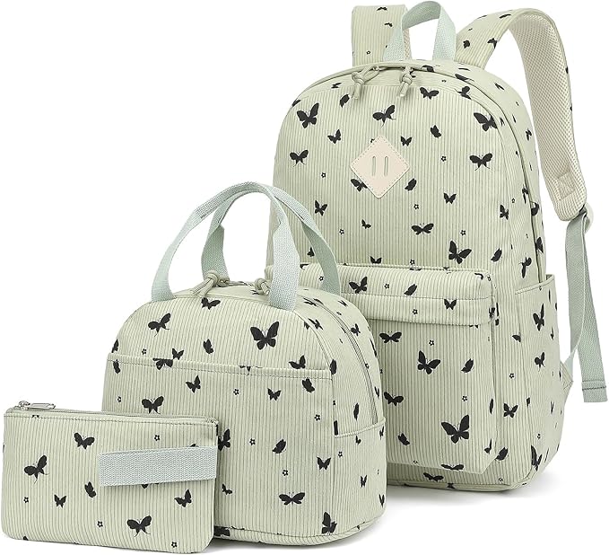Corduroy Girls Backpack Set, 3PCS School Backpacks for Kids Elementary Middle School Bags with Lunch Box Pencil Case (Green Corduroy Butterfly)