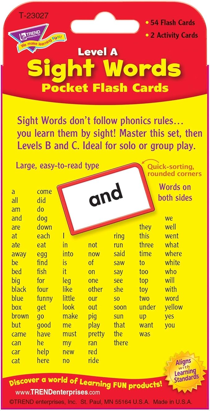Trend Enterprises: Sight Words Level A Pocket Flash Cards, Great for Skill Building and Test Prep, 56 Two-Sided Cards Included, 108 Commonly-Used Words, for Ages 4 and Up