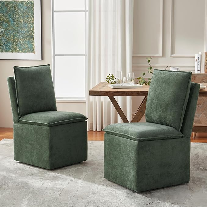 VKNOW Upholstered Dining Chairs Set of 4, Modern Rolling Chairs with Storage and Wheels, Linen Armless Chair with Cushion and Backrest, Dining Room Chairs for Living Room Kitchen Bedroom, Green