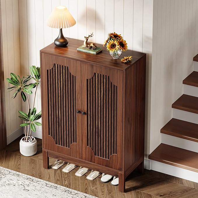 Tribesigns Shoe Cabinet with Doors, 5-Tier Shoe Storage Cabinet with Adjustable Shelves, 20 Pairs Wooden Shoe Rack Organizer, Tall Narrow Shoe Cabinet for Entryway, Hallway, Closet, Walnut, Set of 2