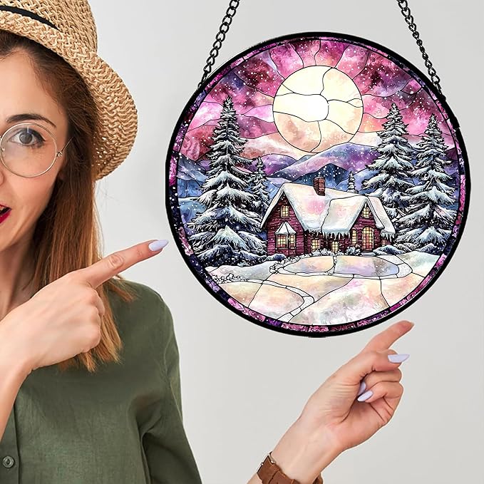 Stained Glass Window Hanging - Winter Snow Scene Cabin Moon Sun Catcher for Door Garden Home Decor Pine Tree Suncatcher Christmas Mother's Day Birthday Gifts for Women Men Mom Nana 15 in