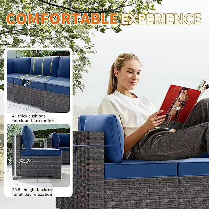 Gotland 15 Pieces Patio Furniture Set with Fire Pit Table, All Weather Rattan Outdoor Furniture with 29.5'' High Backrest 4’’ Thick Cushions Coffee Table, Patio Set for Porch, Deck, Backyard, Navy