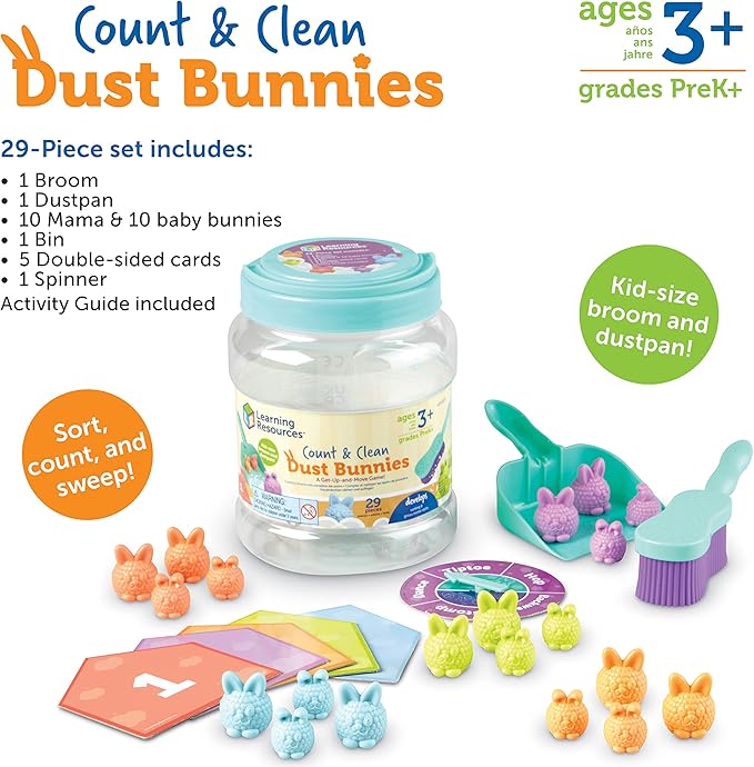 Learning Resources Count & Clean Dust Bunnies - Fine Motor Skills, Color and Shape Matching for Kids, Number Recognition, Toddler Montessori Sensory Toys, Birthday Gift for Boys and Girls