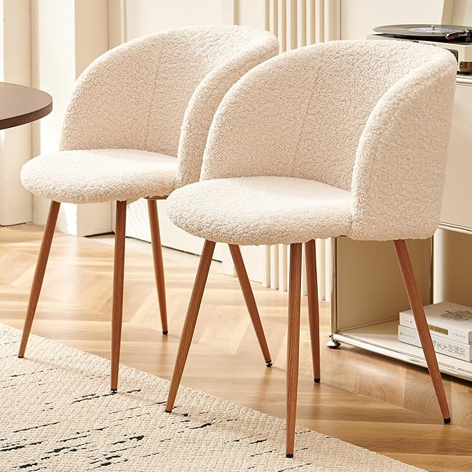 NORDICANA 5-Piece Wooden Round Dining Room Table and Chair Set, 47-Inch Kitchen Table with Barrel Chairs for 4, Off White Upholstered Sherpa Dining Set, MDF Core with Walnut Finish