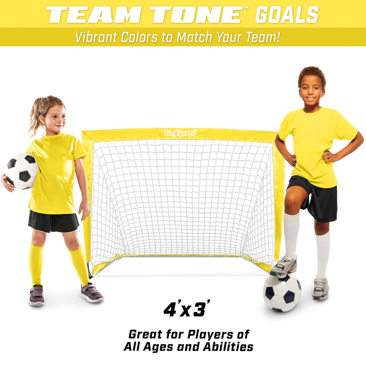 GoSports Team Tone 4 ft x 3 ft Portable Soccer Goal for Kids - Pop Up Net for Backyard - Yellow