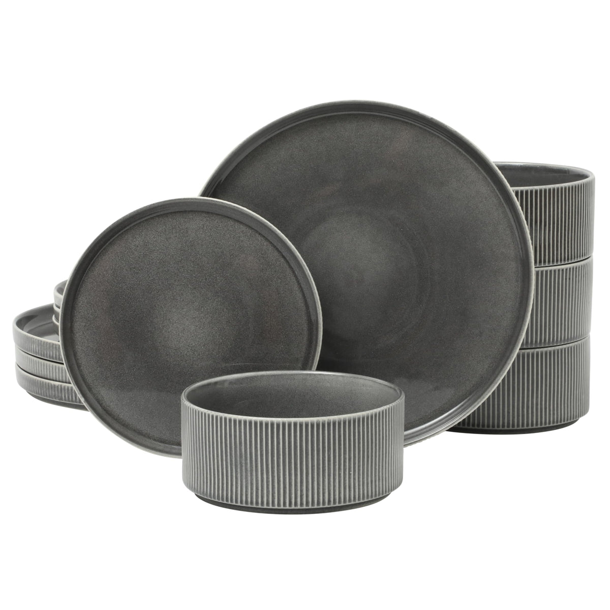 Gibson Elite 12 Piece Matisse Moderna Stoneware Reactive Glaze Plates and Bowls Dishes Dinnerware Set - Cobalt Blue