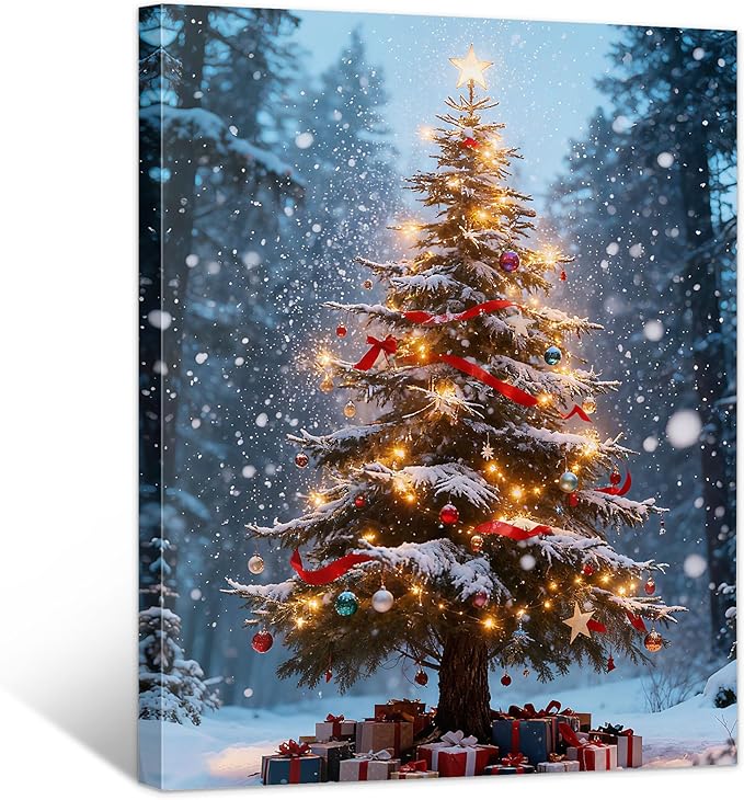 Framed Christmas Pictures Wall Decor,Vintage Pine Tree Prints,Winter Christmas Canvas Wall Art Decoration for Bedroom Bathroom Living Room Rustic Xmas Holiday Gifts (Christmas Tree 16, 24'' X 36'')