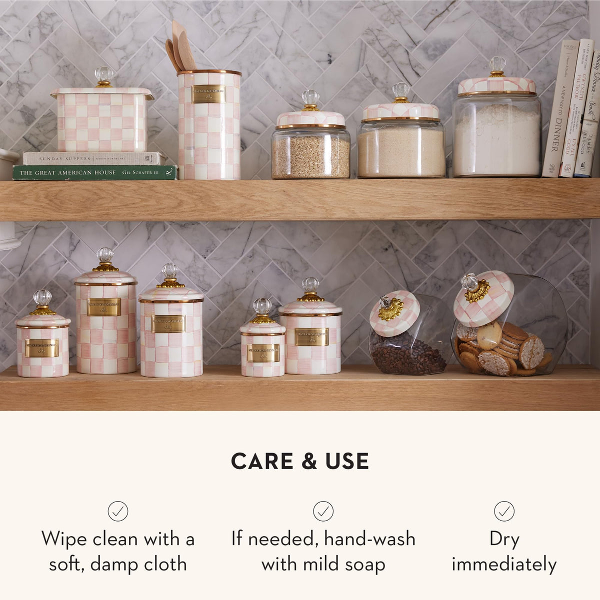 MACKENZIE-CHILDS Rosy Check Kitchen Canister, Decorative Pink-and-White Glass Storage Jar with Lid, Medium