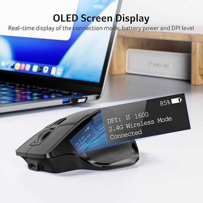 acer Wireless Mouse for Laptop, Bluetooth Computer Mouse Ergonomic for 4 Devices(2.4Ghz+BT 5.2+Wired), OLED Screen Rechargeable Mice, 5 Programmable Buttons, 4000 DPI for MacBook PC Desktop