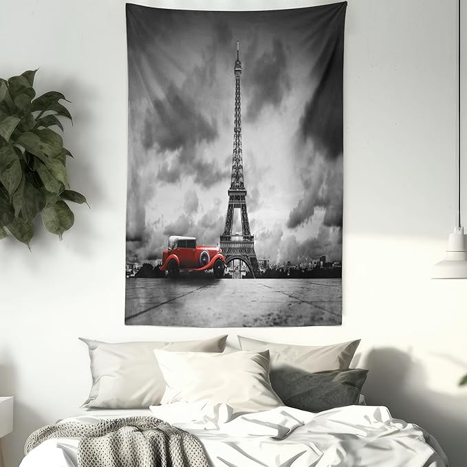 Ambesonne Eiffel Tower Tapestry, Image of Eiffel Tower Paris France Vintage Car Street Dark Clouds, Fabric Wall Hanging Decor for Bedroom Living Room Dorm, 23" X 28", Black Red