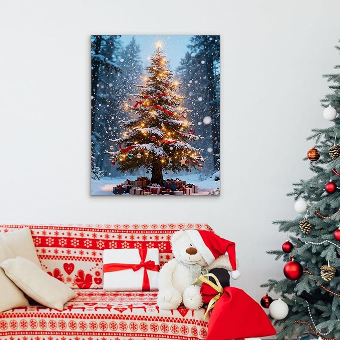Framed Christmas Pictures Wall Decor,Vintage Pine Tree Prints,Winter Christmas Canvas Wall Art Decoration for Bedroom Bathroom Living Room Rustic Xmas Holiday Gifts (Christmas Tree 16, 11'' X 14'')