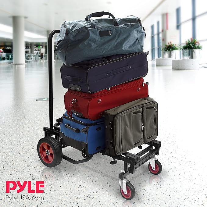 Pyle Compact Folding Adjustable Equipment Dolly - Heavy Duty 8-in-1 Convertible Cart Hand Truck/Dolly/Platform Cart with R-Trac Wheels - Expandable Up to 25.24" to 40.24" - 200 LBS MAX Load Capacity