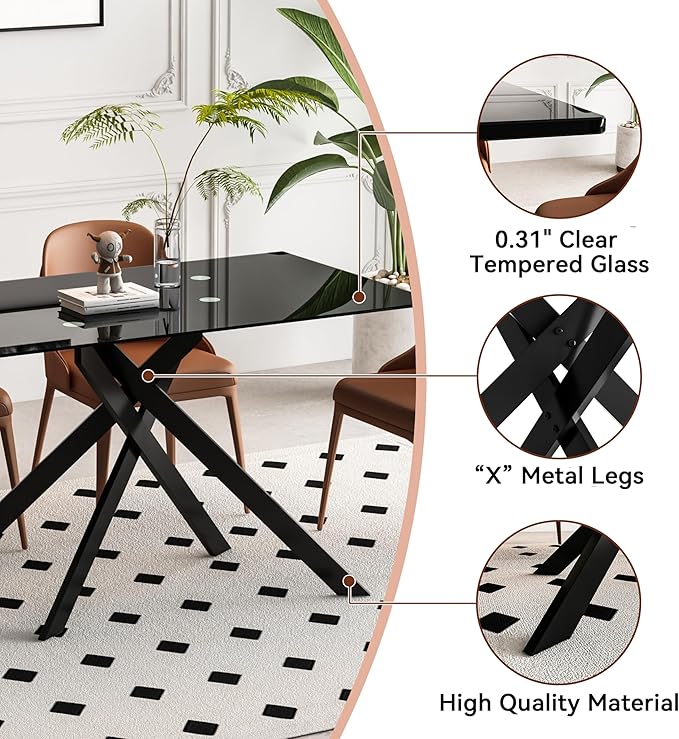 51.18" Glass Dining Table for 4-6, Dining Room Table with Black Tempered Glass and Black Metal Legs, Modern Rectangular Kitchen and Dining Room Dinner Table for Kitchen