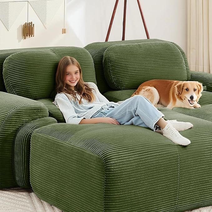 80" Modern Corduroy Boneless Love Seat Couches, 2 Seater Large Sectional Couches for Living Room, Green Cloud Modular Sectional Sofa, Memory Foam, Extra Deep Loveseat, No Assembly