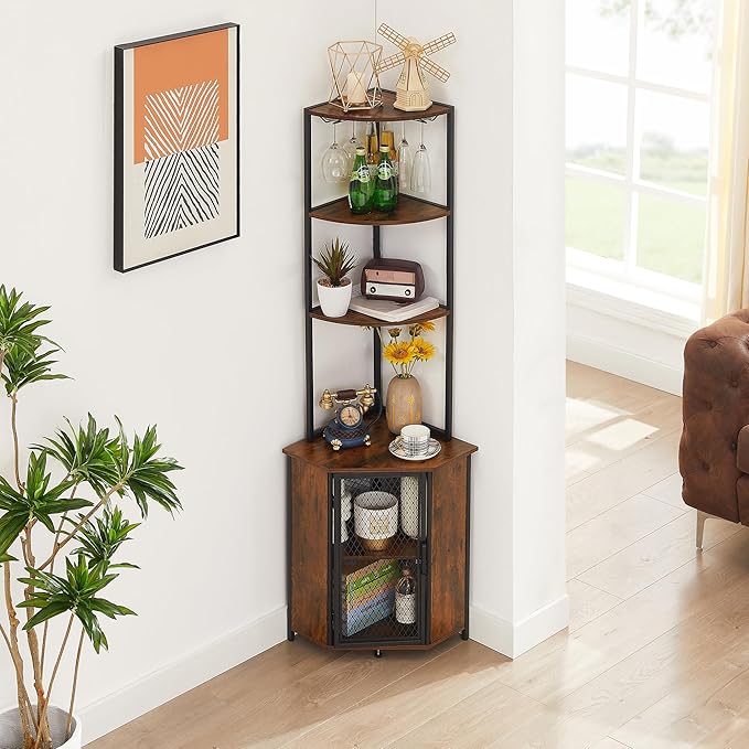 VECELO Corner Cabinet, Tall Storage Shelf, Bookshelf Display Shelves Rack for Living Room, Kitchen, Balcony, Small Space