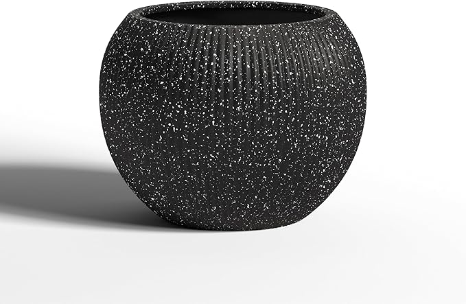 DTY Signature Mount Sherman Modern Indoor Outdoor Fiberstone Sphere Planter, Durable Round Garden Pot, Weather Resistant, Drainage Hole & Rubber Plug,Planter for Christmas Tree (Ribbed Black, Medium)