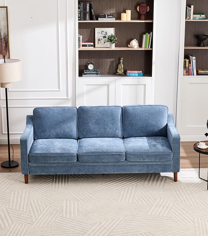 Kingfun 80" Chenille Sofa, 3 Seater Couch, Mid Century Modern Couches with Solid Wood Frame for Living Room & Bedroom, Light Blue