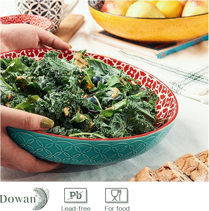 DOWAN Large Serving Bowls, 11.5 Inch Fruit Salad Bowls, Decorative Serving Dishes for Entertaining, 70 OZ Pasta Bowls Set of 2, Vibrant Color Mixing Bowls for Party, Wedding Gifts, Home Kitchen Decor
