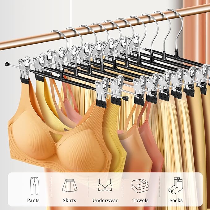 60 Pack 14 Inch Heavy Duty Pants Skirt Hangers with Clips,Metal Trousers Hanger for Jeans Black Non Slip Women Shorts Hangers Saving Space Clothing Hanger for Adult,Men,Children,Kid,Baby