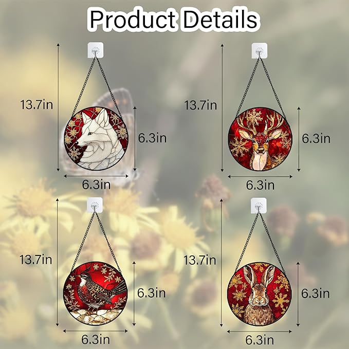 Stained Glass Window Hanging 4 Pcs Set Red Golden Snowflakes 6.3" - Christmas Elk Rabbit Suncatcher Door Garden Sun Catcher Decor Birthday for Mom Woman Nana Men