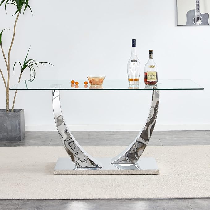 Modern Rectangular Glass Dining Table for 6-8 with Tempered Glass Tabletop and Silver Chrome Metal U-Shaped Pedestal for Kitchen Dining Living Meeting Room Banquet Hall (Silver7)