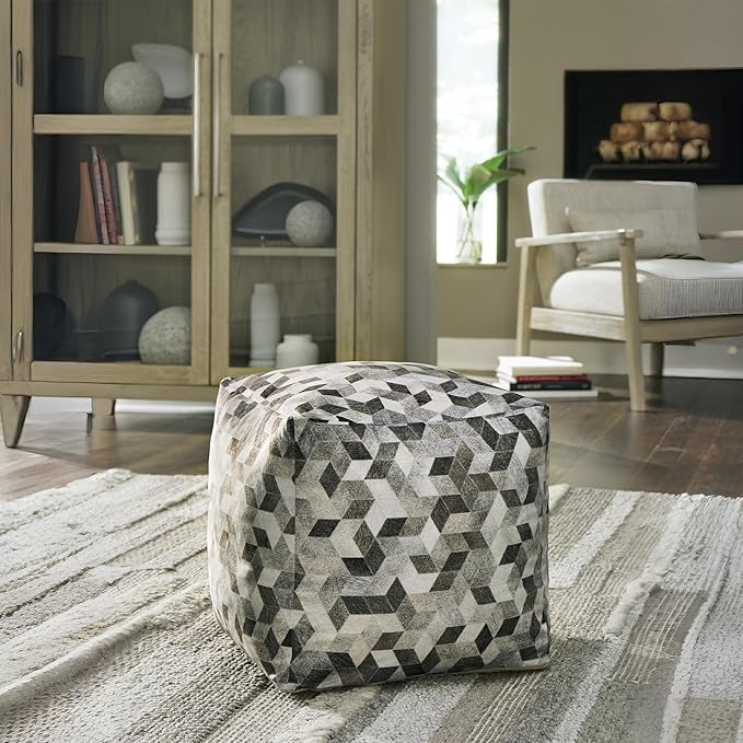 Signature Design by Ashley Albermarle Casual Geometric Patterned Pouf 18 x 18 Inches, Gray & Dark Brown