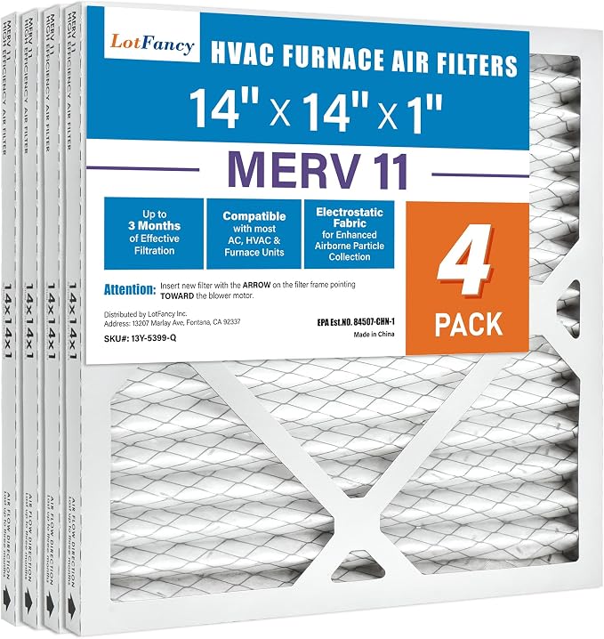 LotFancy 14x14x1 Air Filter MERV 11 4-Pack, Electrostatic Pleated AC Furnace