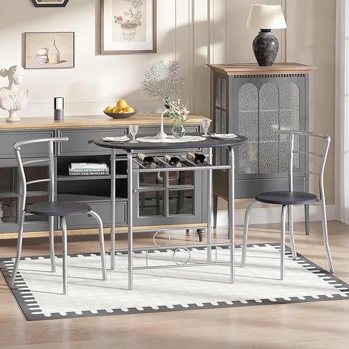 VECELO 3-Piece Dining Table Set for Kitchen Breakfast Nook, Wood Grain Oval Tabletop and Metal Frame with Built-in Wine Rack, for Small Spaces, Black & Silver
