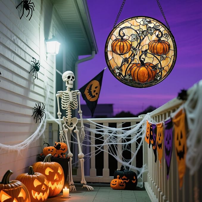 Stained Glass Window Hanging - Halloween Decoration Orange Pumpkin Vine Leaves Suncatcher for Door Garden Spooky Sun Catchers Gothic Decor Horror Gifts for Women Men Friend Boy Girl 7.8 in