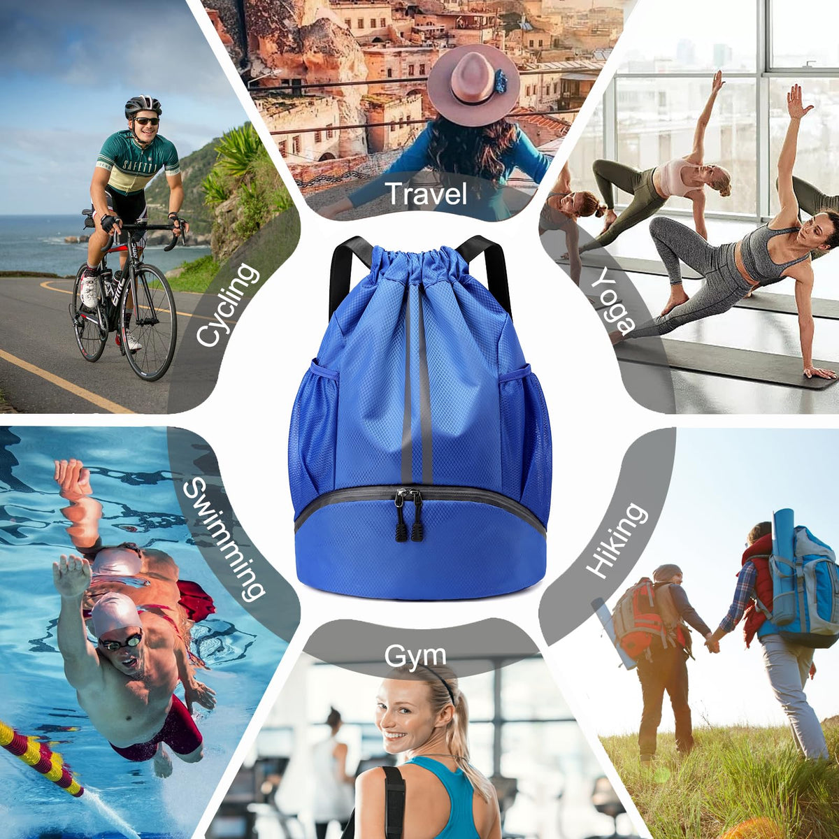 Hoedia Sports Drawstring Backpack - String Swim Gym Bag with Shoes Compartment and Wet Proof Pocket for Women&Men
