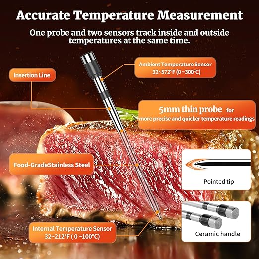PRAVETTE Wireless Meat Thermometer-Multi Sensors Digital Food Thermometer with Ultra-Thin Probes, Accuracy Smart Bluetooth Meat Thermometer for Steak, BBQ, Oven, Grill, Smoker,Recipes in App & Host