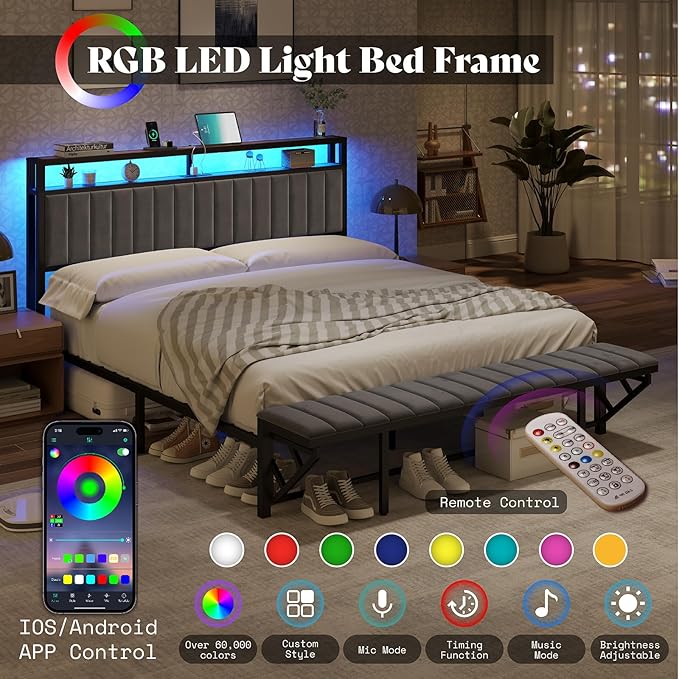 Queen Bed Frame with LED Light and Charging Station, Velvet Upholstered Headboard with Storage Shelf, Heavy Duty Metal Slats/No Box Spring Needed/Easy Assembly, Grey