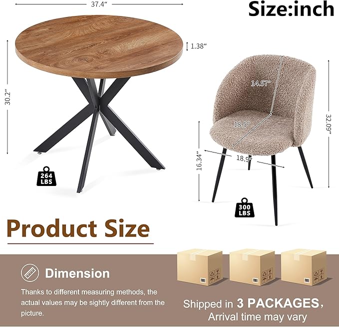 Dining Table Set for 2 with Chairs, 37" Engineered Wood Round Table Wipe Clean with 2 Fluffy Sherpa Arm Chairs, Modern Dinette Set with Metal Legs for Breakfast, Dining Room, Coffee Shop