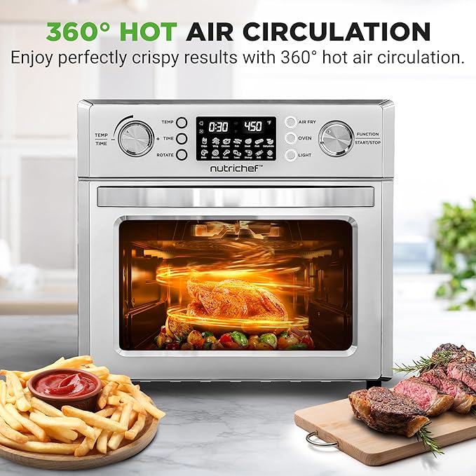 NutriChef 26QT Air Fryer Oven | Countertop Convection Toaster & Air Fryer | 360° Rotisserie Feature | 10 Digital Presets | Includes Drip Tray, Air Frying Basket & Bake Rack 15x16x14 | Stainless Steel