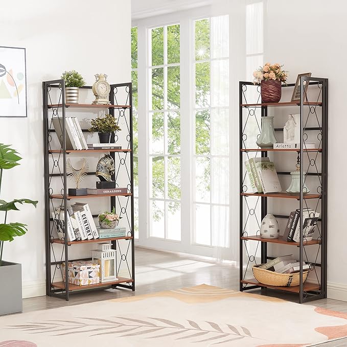VECELO Folding Bookshelf 5-Tier,Industrial Metal Frame & Wood Shelves,Foldable Bookcase Easy Assembly Free Standing Tall Storage Organizer for Living Room,Office,Bedroom