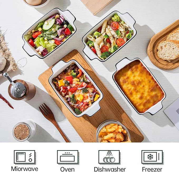 DLIM HOME 12 Oz Casserole Dish, Ceramic Baking Dishes Sets of 4, Small Casserole Dish with Handle, Porcelain Bakeware Sets, 5" Rectangular Baking Serving Dish for Casserole, Cakes, Dishwasher Oven Safe