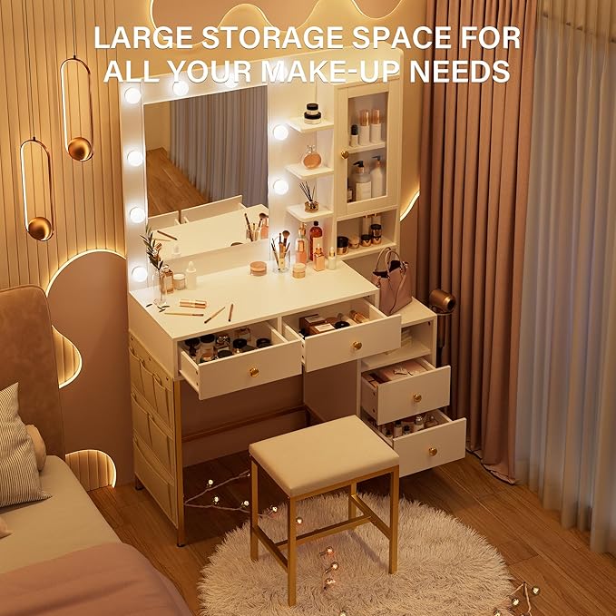 39" W Vanity Desk with Mirror, Makeup Vanity Set with Power Outlet and Comfortable Bench, Big Dressing Table with Lights Mirror and Drawers for Makeup, Modern Vanity for Bedroom White