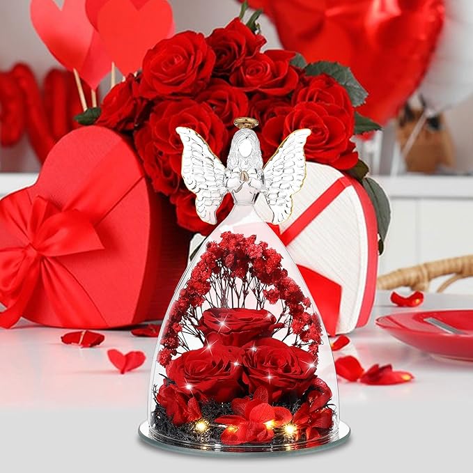 Ocosy Mothers Day Rose Gifts for her, Large Angel Rose Gifts for Women, Forever Real Roses in Angel Figurines, Angel Guardian with Roses Flower, Crystal Red