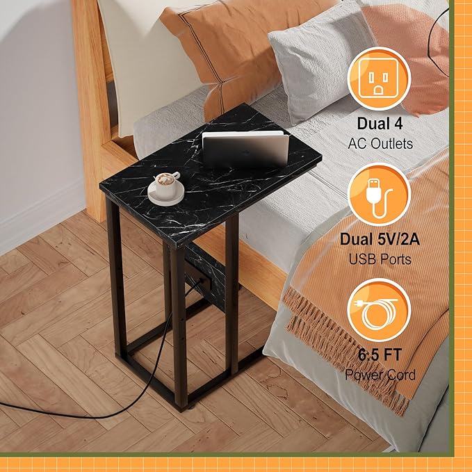 VECELO C Shaped End Table with Charging Station & Power Outlets, Quick Access Side Table for Sofa, C Bedside for Living Room Bedroom 1 Set,Black Marble