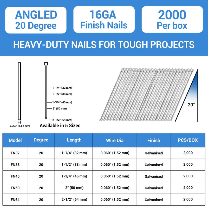 meite 16 Gauge 20 Degree Angled Finish Nails 1-1/4 Inch Leg Galvanized No-rust Finishing Nails for Finish Nailer Gun - Cabinet Crown Baseboard 10,000PCS