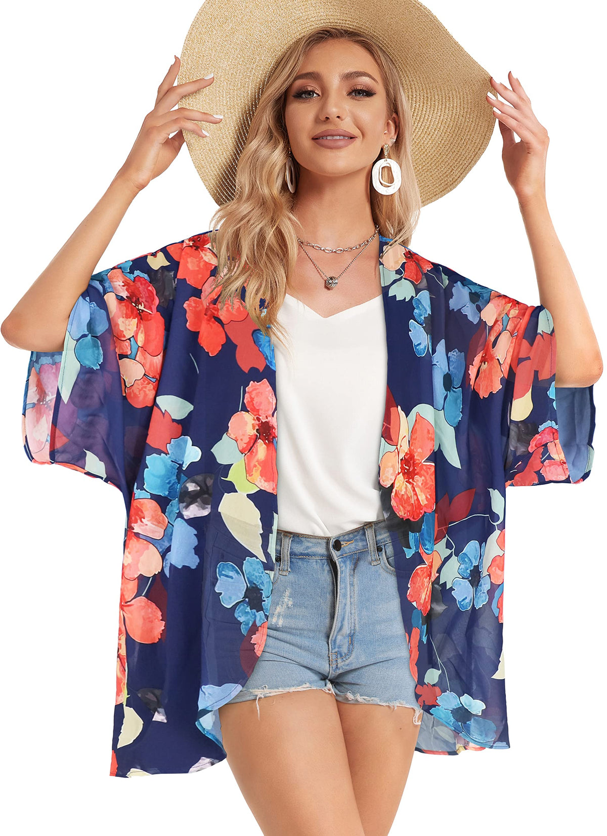 Summer Kimono Cardigan for Women Sheer Light Tops Casual Open Front Swimwear Shirts Beach Cover ups (Oil Blue,M)