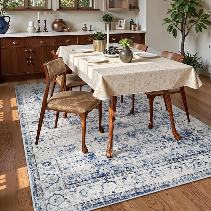 Lahome Blue Area Rug for Living Room 6x9 Machine Washable Area Rugs Living Room Rug,Vintage Distressed Soft Rubber Backing Stain Resistant Indoor Carpet for Office
