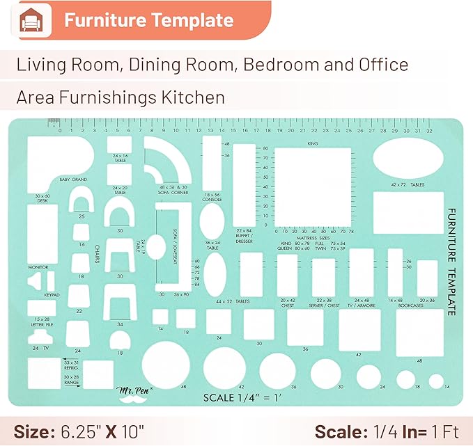 Mr. Pen- House Plan, 3 Pack, Green, Interior Design and Furniture Templates, Drafting Tools and Ruler Shapes for Architecture, Drafting Tools, Architecture Supplies, Drafting Templates