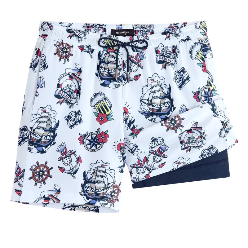 maamgic Mens Swim Trunks with Compression Liner 7 Inch Inseam Mens Bathing Suit Quick Dry Swimming Trunks Swimsuit Sailing Blue White Medium
